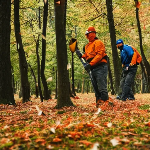 Image similar to men with leaf blowers fighting the falling leaves in a forest