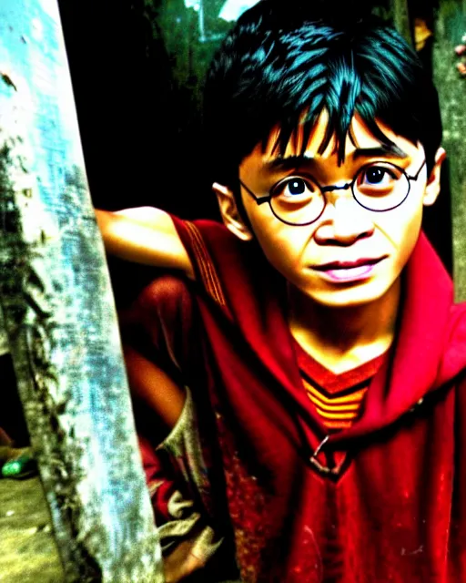 Image similar to high quality photo of harry potter as a poor filipino boy in the philippine slums, detailed photo