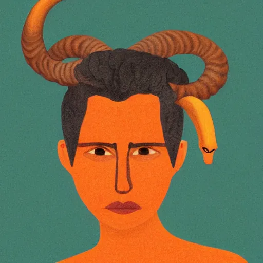 Image similar to illustrated portrait of ugly ram-horned woman with orange skin