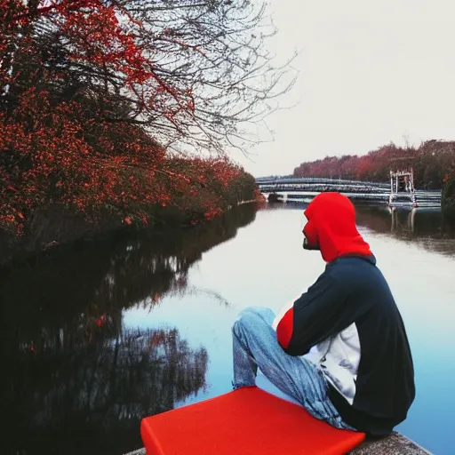 Prompt: A man dressed in red hoodie sitting on the river embankment and think about his future, waves on the river, sunny summer day, morning, photo realistic, 24mm, Kodak