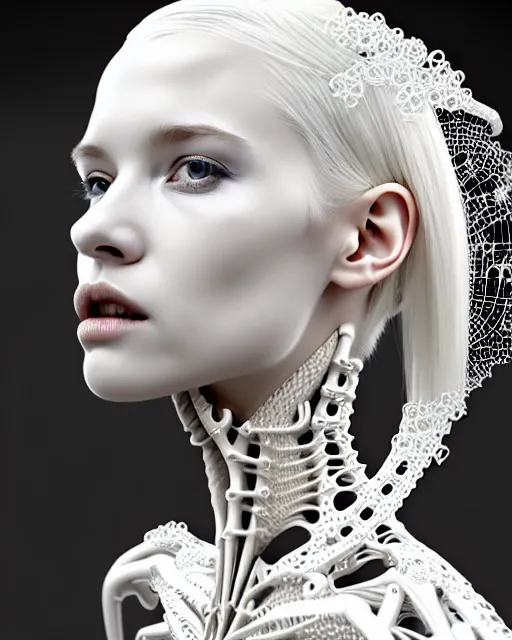 Prompt: bw 3 d render, stunning beautiful young angelic cute biomechanical albino female cyborg with a porcelain profile face, rim light, big leaves and stems, roots, fine foliage lace, alexander mcqueen, art nouveau fashion embroidered collar, steampunk, silver filigree details, hexagonal mesh wire, mandelbrot fractal, elegant, artstation trending