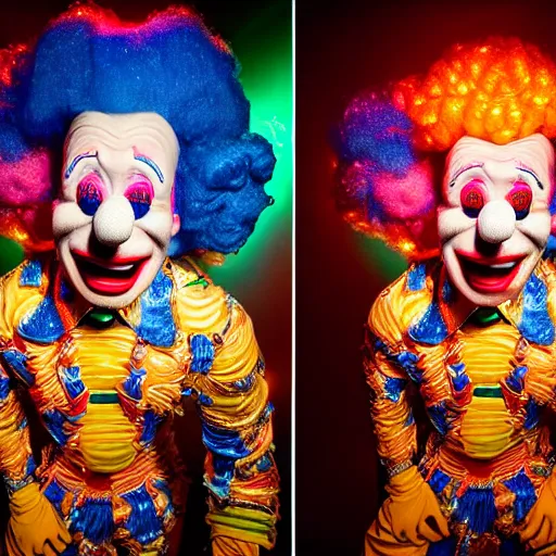 Prompt: uhd candid photo of cosmic krusty the clown, glowing, global illumination, studio lighting, radiant light, detailed, correct face, elaborate intricate costume. photo by annie leibowitz