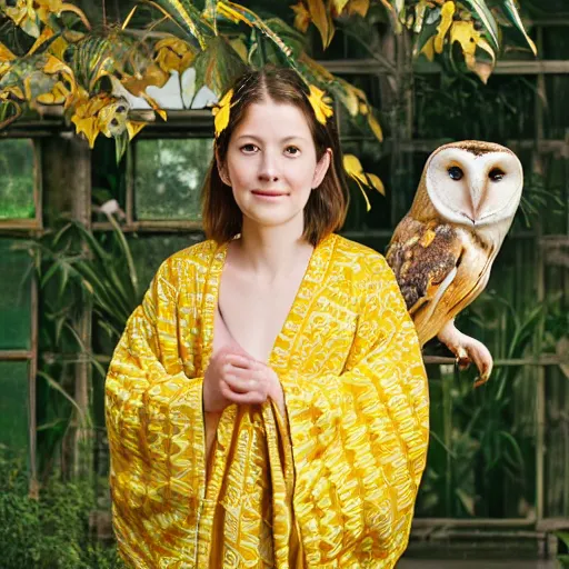 Image similar to portrait photograph of beautiful!!!! young female , symmetric face!, symmetric eyes, slight smile, natural light, wearing a yellow kimono!! with a very detailed barn owl! on her shoulder in a tropical greenhouse. looking at the camera!!. golden crown made of golden leaves. super resolution. Extremely detailed. Graflex camera!, bokeh!!!!!. by alphonse mucha.