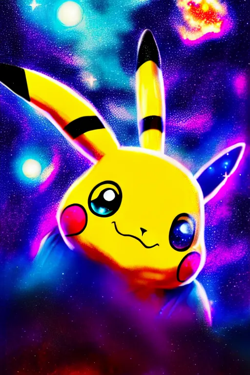 Image similar to galaxy colored pokemon of a space colored pikachu, beautiful detailed realistic cinematic character concept fashion portrait, gonzalez, 8 k