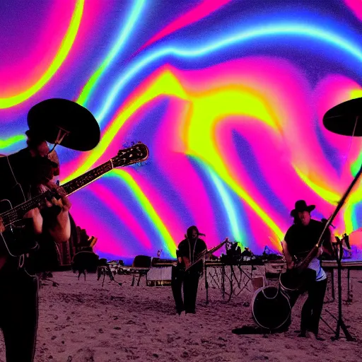 Prompt: an evil surf rock band from 1963 playing a gig on the beach under a psychedelic neon fractal sky