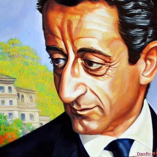 Prompt: a high quality and very detailed full-lenght painting of Nicolas Sarkozy, medieval fresque painting