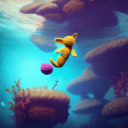 Image similar to a baby crochet bunny diving underwater. cute, illustration, digital art, inspired by little big planet, by greg rutkowski, sharp, masterpiece, highly detailed, photorealistic, octane render, 8 k, unreal engine 5, trending on artstation, vivid colors