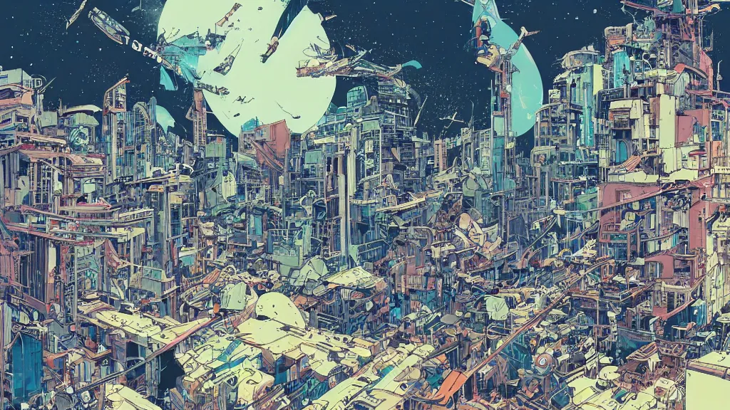 Prompt: colourful prophet graphic novel, ilya kuvshinov, mcbess, rutkowski, simon roy, roset, kuvshinov, illustration of decrepit cyberpunk arcologies in dystopian megalopolis ruins with spaceship debris floating in space, wide shot, high contrast colors, very anime!!! anime!! intricate details, deep shadows, astrophotography