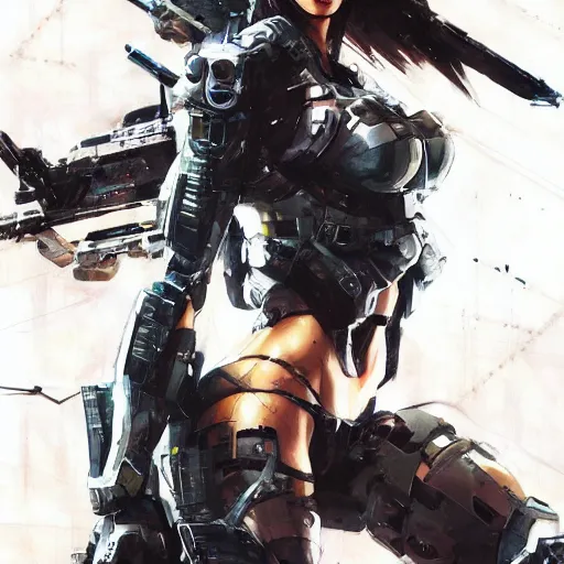 Prompt: megan fox wearing metal gear cybernetic armor holding railgun dramatic lighting art by brandon anschultz by yoji shinkawa by richard schmid by greg rutkowski by sandra chevrier by jeremy lipking, cinematic dramatic brush strokes background, sharp lines