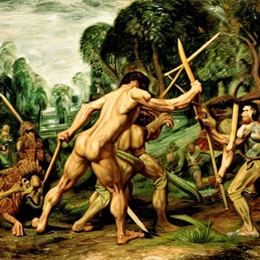 Image similar to A green scaly dinosaur fighting with several realistic detailed cavemen with proportioned bodies armed with spears, the cavemen are wearing animal furs, coarse canvas, visible brushstrokes, intricate, extremely detailed painting by John Constable