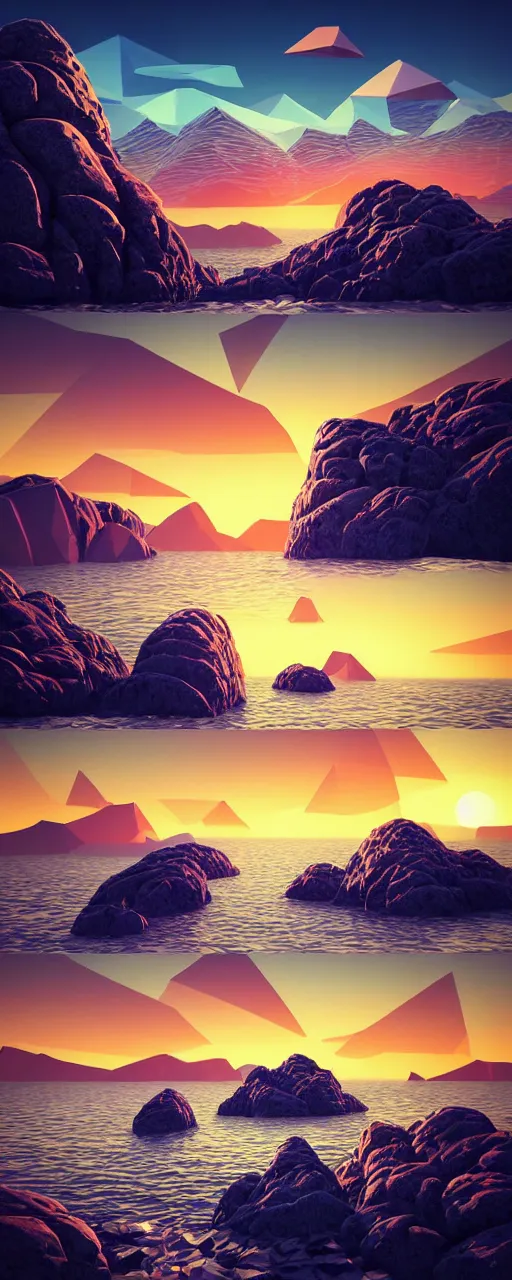 Prompt: super detailed color lowpoly art, northern sunset with rocks on front, monochrome photorealistic bay in the middle of perspective and mountains at background, big graphic ship in the middle of composition, unreal engine, high contrast color palette, 3 d render, lowpoly, colorful, digital art, perspective, robb cobb