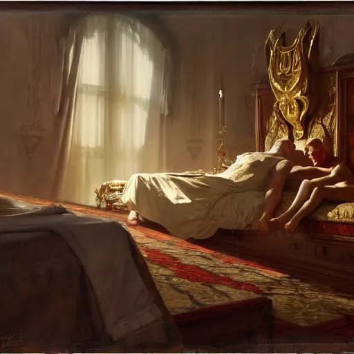 Image similar to the pope is in his bed, nervous and terrified, because a double horned shadow demon from hell lurks in the wallpaper of the bedroom. highly detailed painting by gaston bussiere, j. c. leyendecker, greg rutkowski, craig mullins 8 k