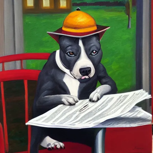 Prompt: A gray pit bull wearing a newsboy cap while reading the newspaper at an outdoor table at Parisian cafe. Acrylic on canvas.