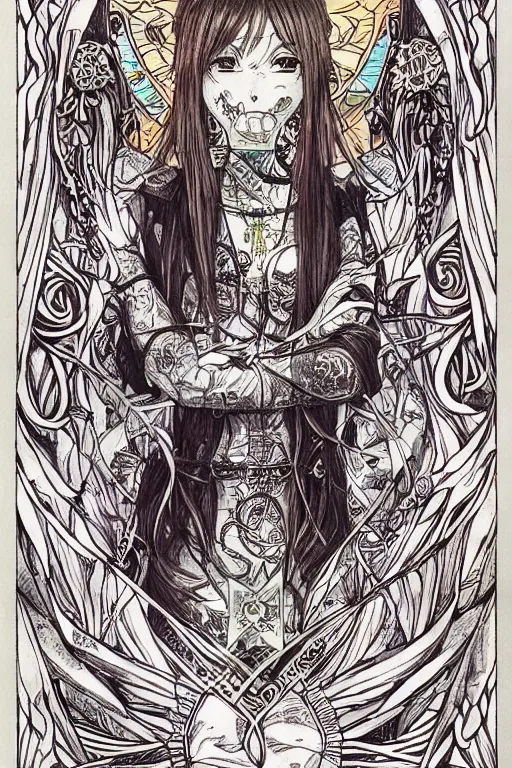 Prompt: makise kurisu, intricate, amazing line work, colorful, tarot cards, the devil tarot card