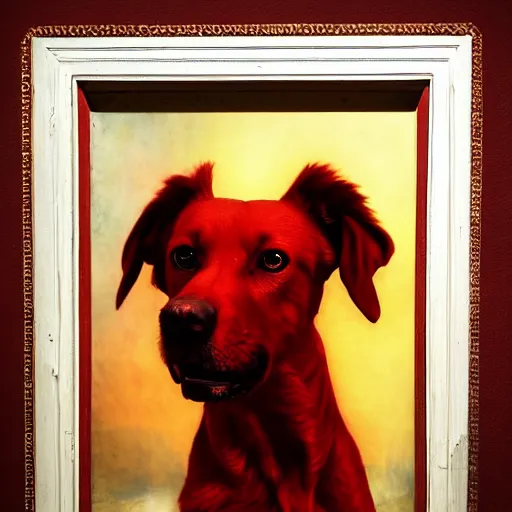 Prompt: A red dog portrait with big eyes and little ears laughing. in the art style of William Turner. Dramatic lighting, high resolution.