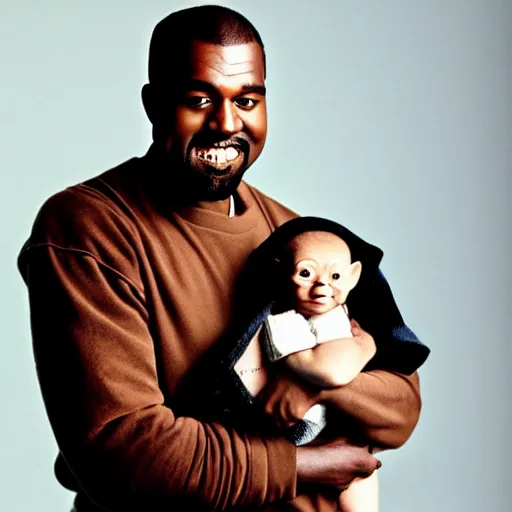 Prompt: kanye west smiling and holding holding baby yoda for a 1 9 9 0 s sitcom tv show, studio photograph, portrait c 1 2. 0