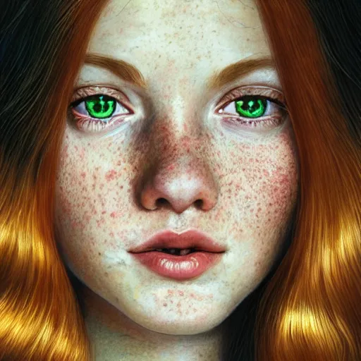 Image similar to a highly detailed, hyper realistic, red haired young woman, with long hair, green eyes, hint of freckles, gentle face, cheeky smile, among golden fireflies, deep focus, elegant, digital painting, smooth, sharp focus, golden ratio, illustration, ultra realistic, 8 k, art by artgerm and caravaggio