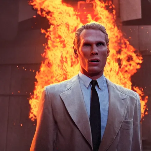 Image similar to Live Action Still of Jerma in The Towering Inferno, real life, hyperrealistic, ultra realistic, realistic, highly detailed, epic, HD quality, 8k resolution, body and headshot, film still