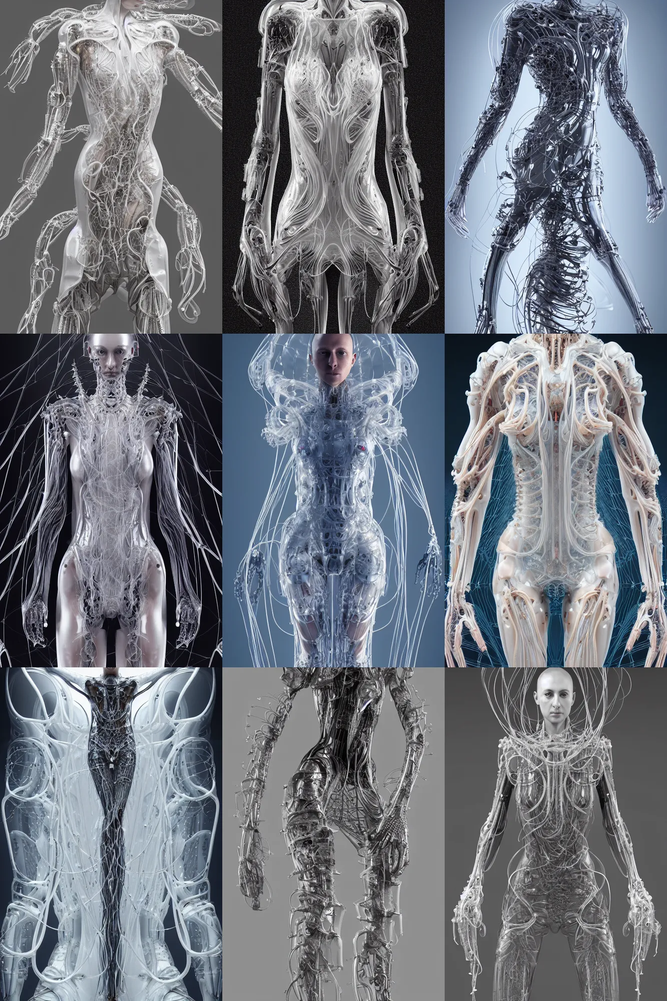 Image similar to iris van herpen, perfect symmetrical body, full body shot, inflateble shapes, wires, tubes, veins, jellyfish, white biomechanical details, wearing epic bionic cyborg implants, masterpiece, intricate, biopunk, vogue, highly detailed, artstation, concept art, cyberpunk, octane render