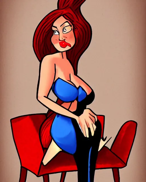 Prompt: Jessica Rabbit eating a bag of Doritos, sitting on a chair