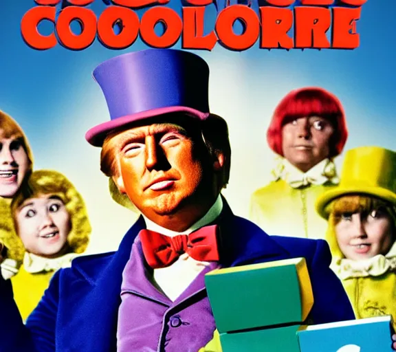 Prompt: willy wonka and the chocolate factory 1971 movie poster staring donald trump , XF IQ4, 150MP, 50mm, F1.4, ISO 200, 1/160s, natural light