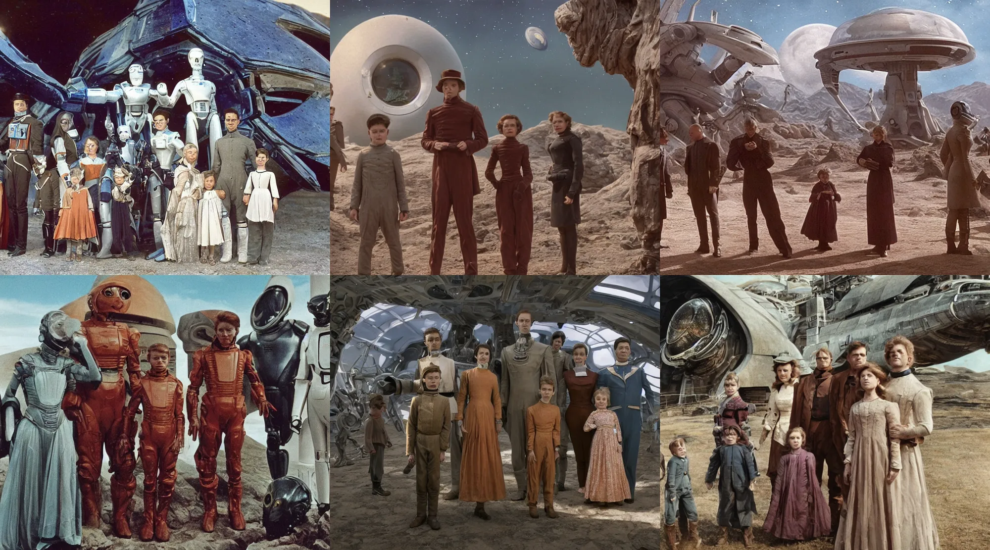 Prompt: sharp, detailed, 256k film still from a sci fi blockbuster color movie made in 2020, set in 1890, of a family standing in front of a spaceship that has just landed on an alien planet, a humanoid alien creature stands nearby, the family are all wearing 1880s era clothes, cinematic lighting, good photography, sharp focus