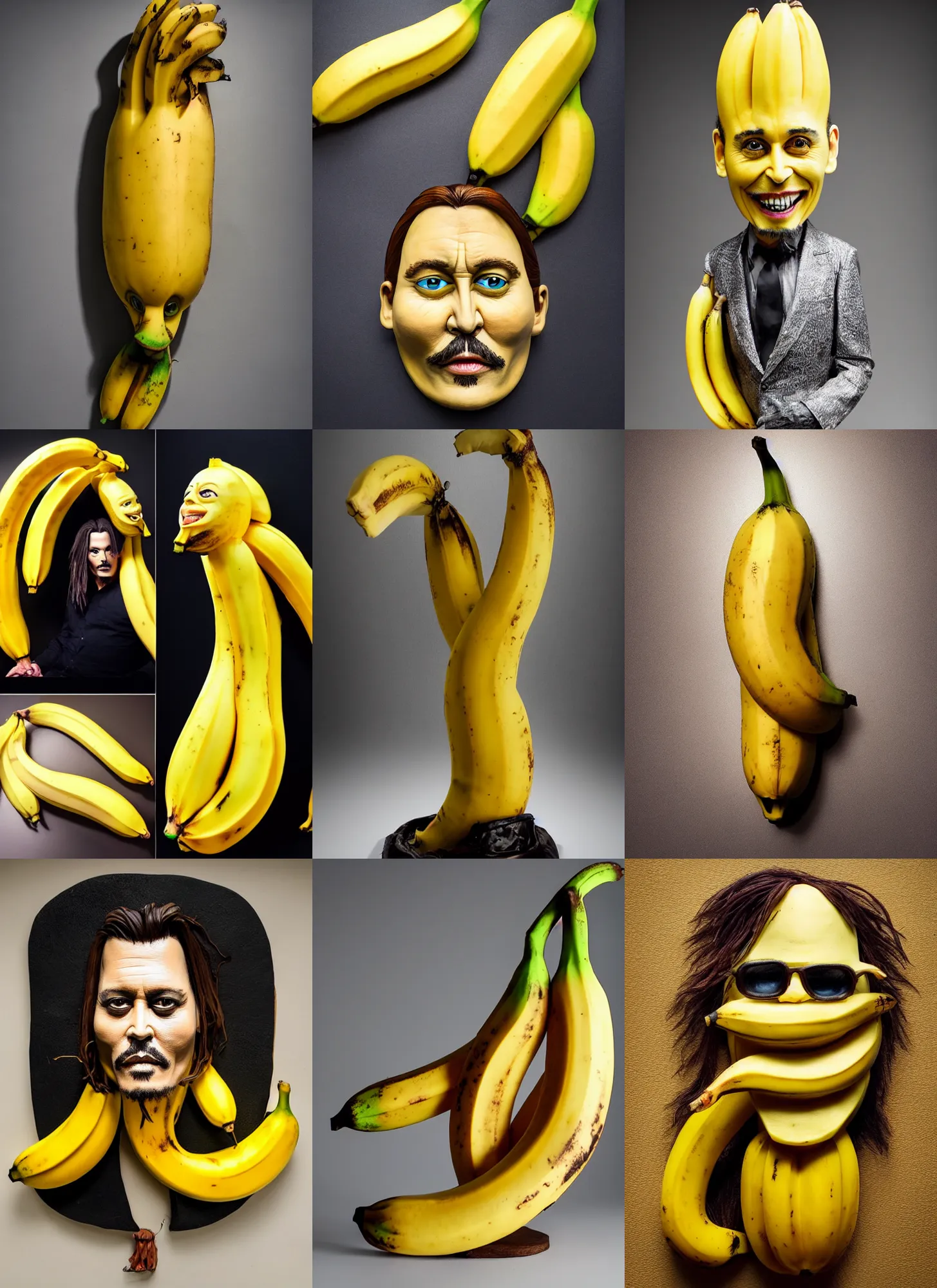 Prompt: surreal banana sculpture of johnny depp, banana art, studio lighting