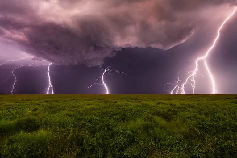 Image similar to a photograph of a tornado tornado tornado, thunderstorm supercell, lightning bolts, illuminated from various angles by setting sun light, cinematic, dramatic lighting, clouds mystic hue