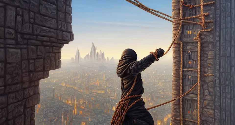 Image similar to landscape painting of a hooded thief in leathers using a rope to climb a tall building with a fantasy city, fine details, magali villeneuve, artgerm, rutkowski
