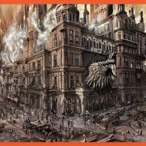 Image similar to giant quadruped creature walking through the center of a city with tall building on fire, extreme detail, abstract realism, highly ornate intricate details, 1 9 2 0's colored pencil, 4 k, cinematic lighting,