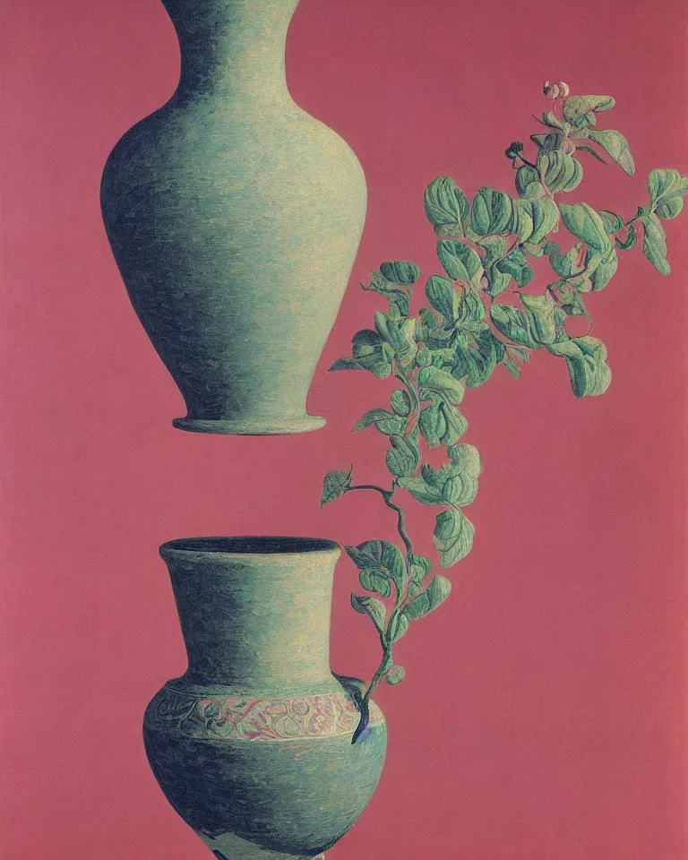 Image similar to achingly beautiful print of intricately painted ancient greek amphora on a pink background by rene magritte, monet, and turner.