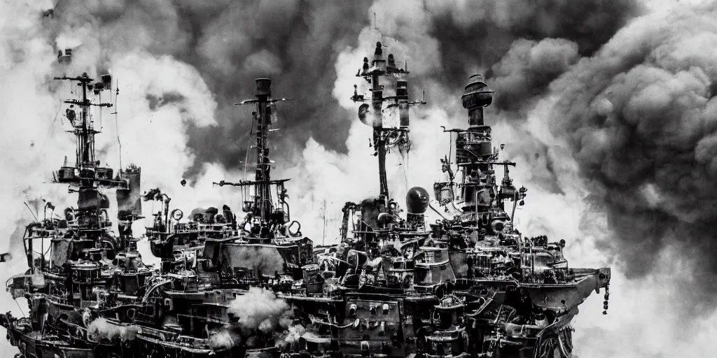 Prompt: steampunk dreadnought battleship on fire, clouds of smoke, full shot, bird's eye view, 120 black and white film