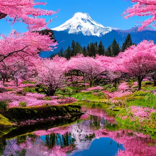 Image similar to Sakura plant forest and lakes with snow mountains at the background