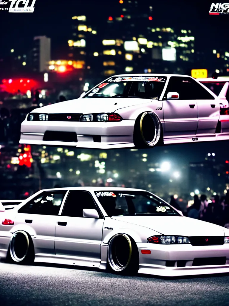 Image similar to a car JZX100 twin turbo drift at illegal car meet, Shibuya prefecture, city midnight mist lights, cinematic lighting, photorealistic, highly detailed wheels, high detail