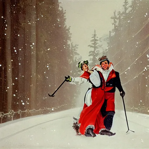 Image similar to happy couple skiing, snowfall, rococo