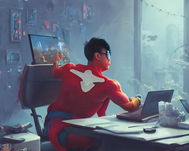 Image similar to an insanely detailed painting of a nerdy asian man wearing a superhero costume, sitting at a desk, staring at the nervously at the computer and typing, in the style of peter mohrbacher, dramatic lighting and composition, octane render, pixar, trending on artstation, concept art, comic book, view from behind