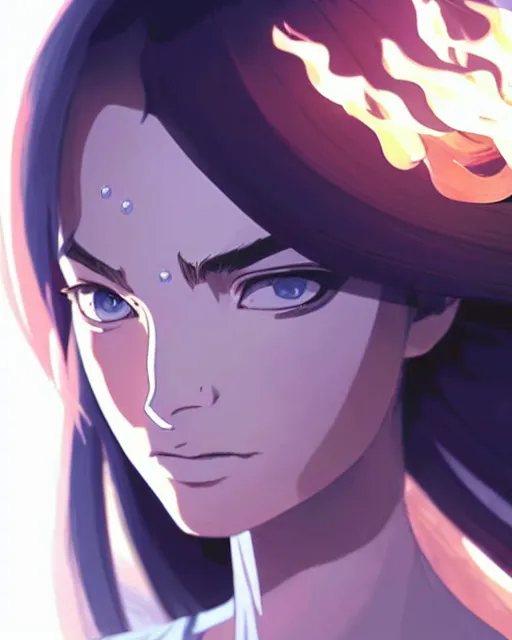 Prompt: azctec mage, megan fox, gemstone forehead, detailed perfect face, exquisite details, fire magic, mid view, design on a white background, by studio muti, greg rutkowski makoto shinkai takashi takeuchi studio ghibli