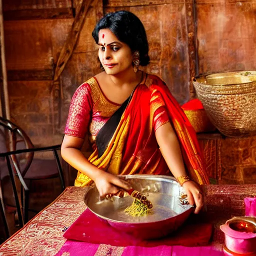 Prompt: A beautiful Bengali woman in a royal red and gold saree cooking at the stove while several Bengali dishes are served on the table beside her. The picture must be warm and rustic and nostalgic.