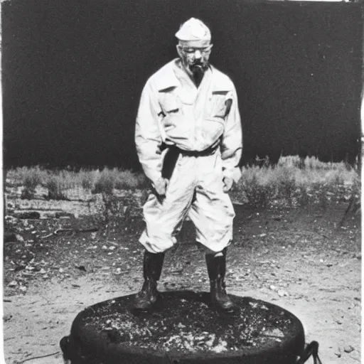 Image similar to photograph of walter white standing on a landmine, explosion, 3 5 mm photograph, war photograph