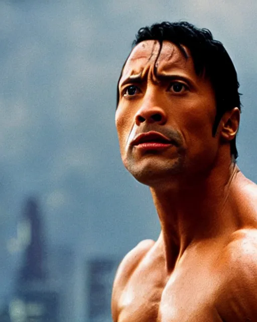 Image similar to Film still close-up shot of Dwayne Johnson as Rocky Balboa from the movie Rocky. Photographic, photography