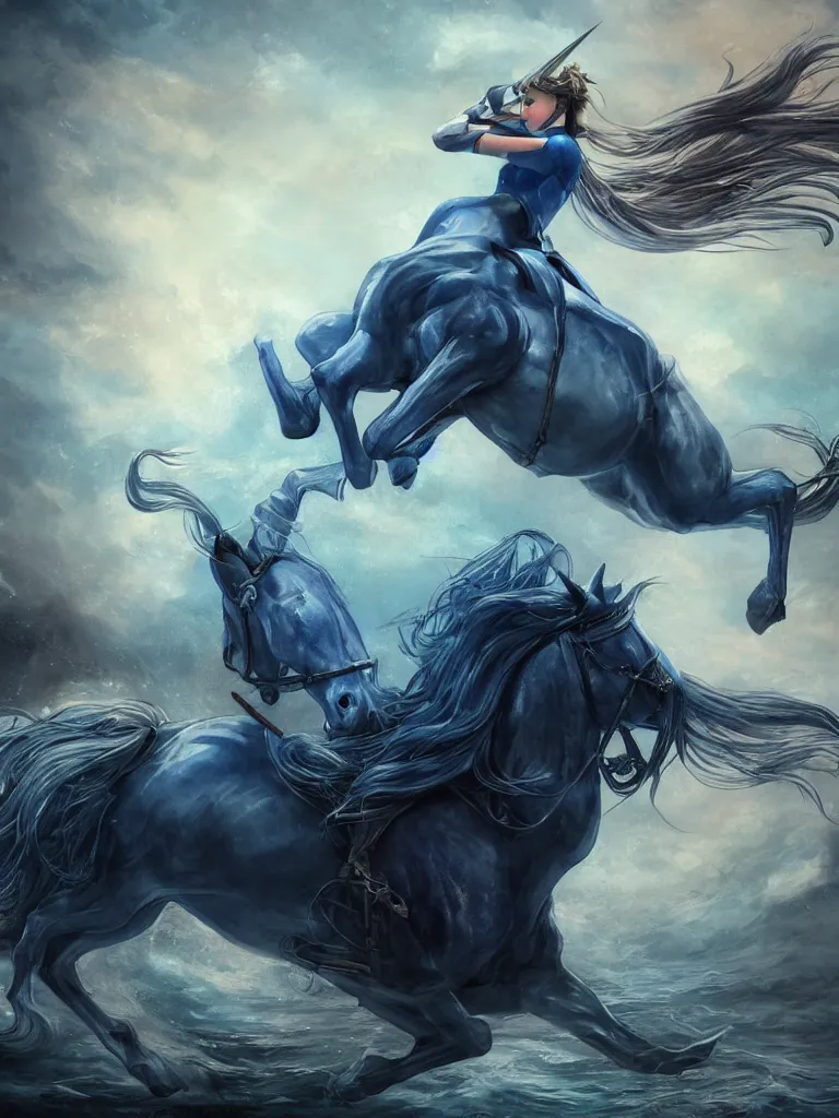 Prompt: a vintage photo of a sad maiden riding on the unicorn in the river, gloomy, strong subsurface scattering, cobalt blue, symmetrical, highly detailed, digital painting, artstation, painted by stjepan sejic, concept art, smooth, sharp focus, illustration, cinematic lighting, 8 k resolution