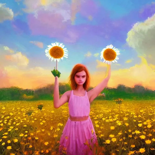 Image similar to face made of giant daisies, girl standing barefoot in a flower field, holding flowers, surreal photography, sunrise dramatic light, impressionist painting, colorful clouds, large sky, digital painting, artstation, simon stalenhag, flower face