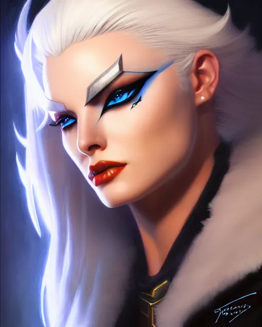 Image similar to ashe from overwatch, white hair, black cowboy hat, character portrait, portrait, close up, highly detailed, intricate detail, amazing detail, sharp focus, vintage fantasy art, vintage sci - fi art, radiant light, caustics, by boris vallejo