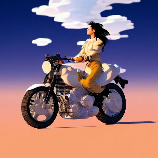 Prompt: a woman riding a motorcycle, clouds, sky by jean giraud and milo manara, 3 d render, octane render