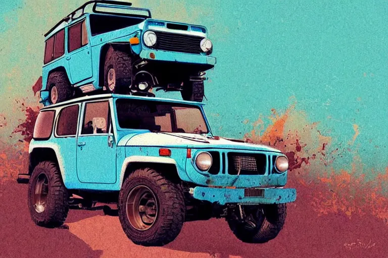 Image similar to digital illustration of a faded cyan mad max's fj 4 0 decrepit!!!! pursuit special, rusty!!! nissan fj cruiser heavily modded 1 9 9 0 s, the last v 8 interceptor by makoto shinkai, ilya kuvshinov, lois van baarle, rossdraws, basquiat