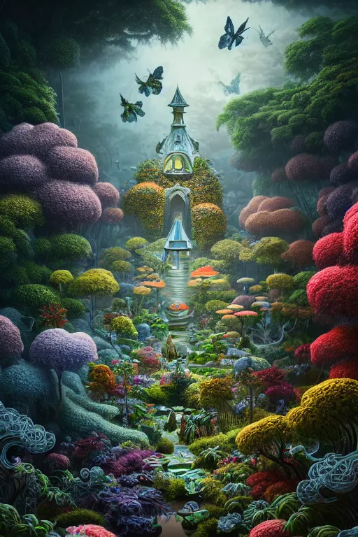 Prompt: ethereal garden, part by robert beatty, part by james jean, part by ross tran, part by jacek yerka, part by leslie zhang, surreal, highly detailed, beautiful detailed intricate insanely detailed octane render trending on artstation, 8 k artistic photography, photorealistic, volumetric cinematic light, chiaroscuro