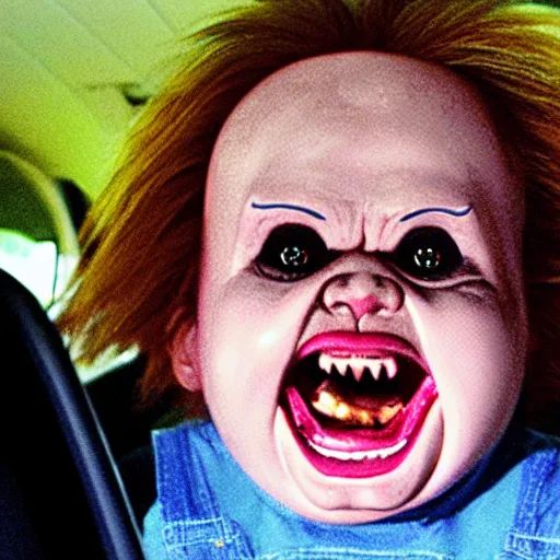 Image similar to a screaming chucky doll in rear view mirror