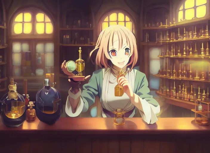 Image similar to anime, portrait of a young woman in a alchemist's potion shop interior looking at a glowing potion, yoshinari yoh, dynamic pose perspective, moody, detailed facial features, kyoani, rounded eyes, sharpened image, cel shade