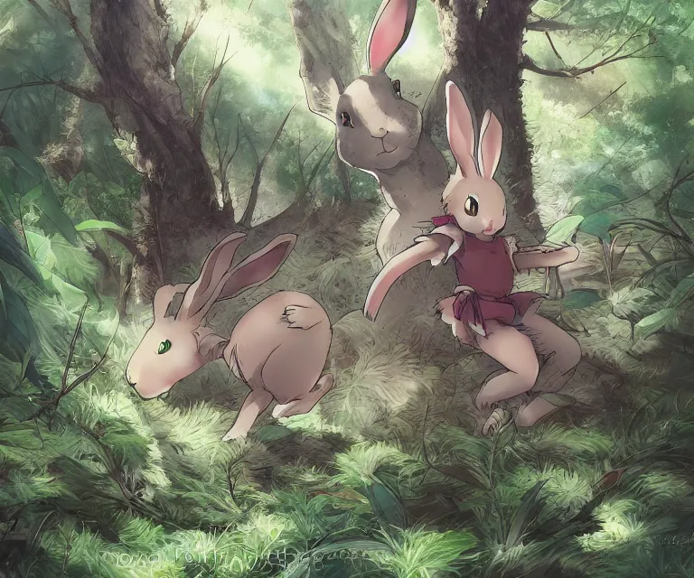 Image similar to rabbit in a forest, anime fantasy illustration by tomoyuki yamasaki, kyoto studio, madhouse, ufotable, comixwave films, trending on artstation