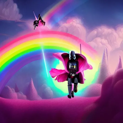 Image similar to beautiful matte painting, rainbow colored pink pink darth vader costume wearing pink wearing pink, riding a unicorn, riding a unicorn, riding a unicorn over a glittering rainbow in space by lisa frank and dan mumford, octane render, HDR, vivid color, volumetric lighting, unreal engine, concept art, CGsociety, trending on artstation